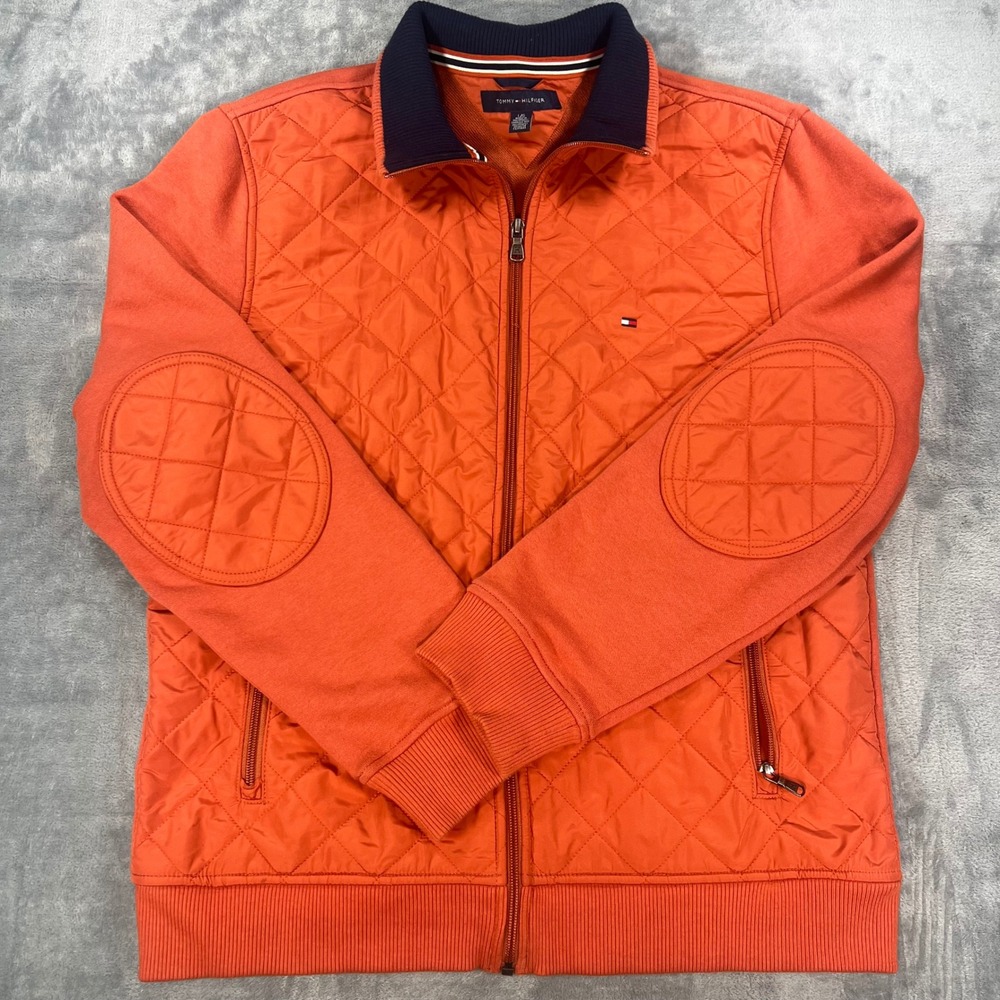 Tommy Hilfiger Mens Large Orange Quilted Mixed Media Full Zip Jacket 0885637